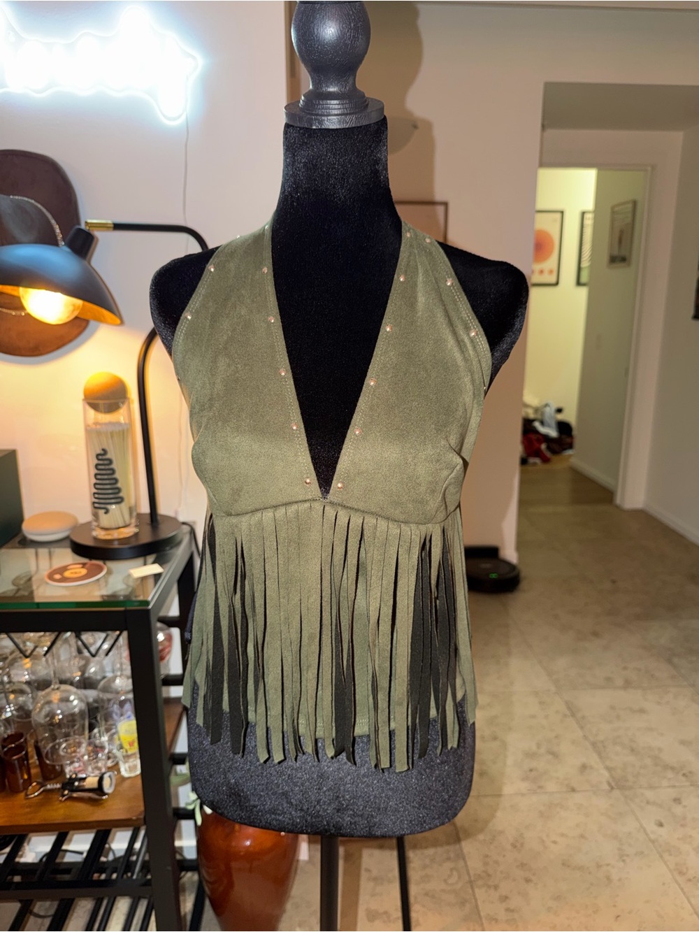 Olive Green Fringe Halter Top